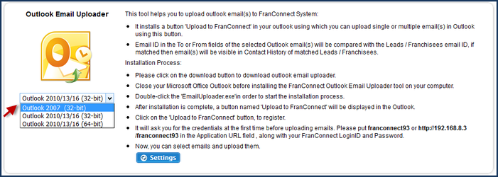 Download Apps tab showing the Outlook Email Uploader download button