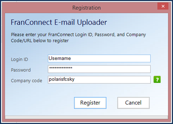 Registration window asking for FranConnect login and Company Code