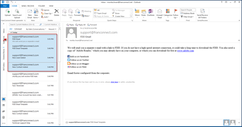 Selected emails in Outlook with the Upload button highlighted