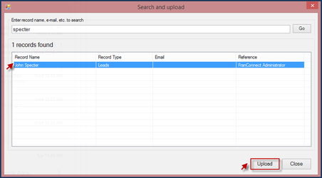 Search and Upload window with a record selected