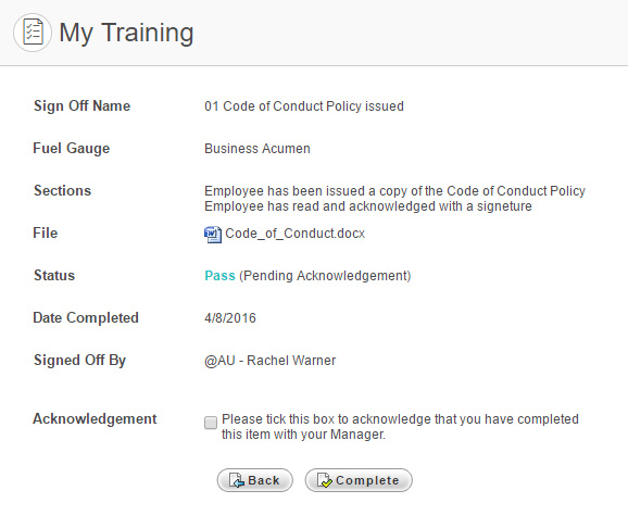 Sign Off page with Acknowledgement checkbox