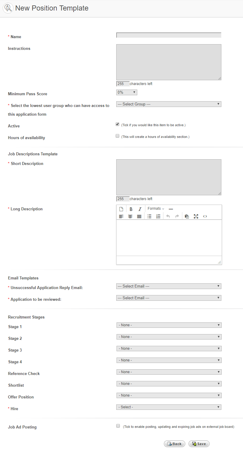 Example of New Position Template form