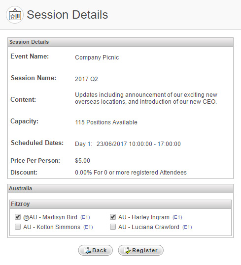Session Details, with user selectors
