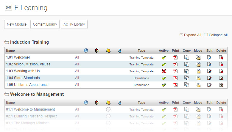 E-Learning Management page