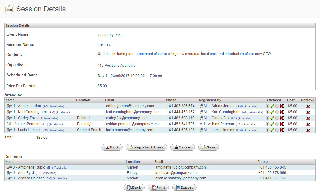Session Details page with ticks and crosses