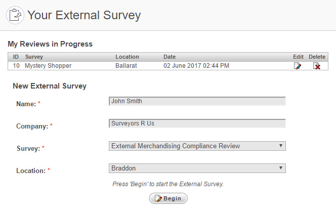 Main view from an External Survey account