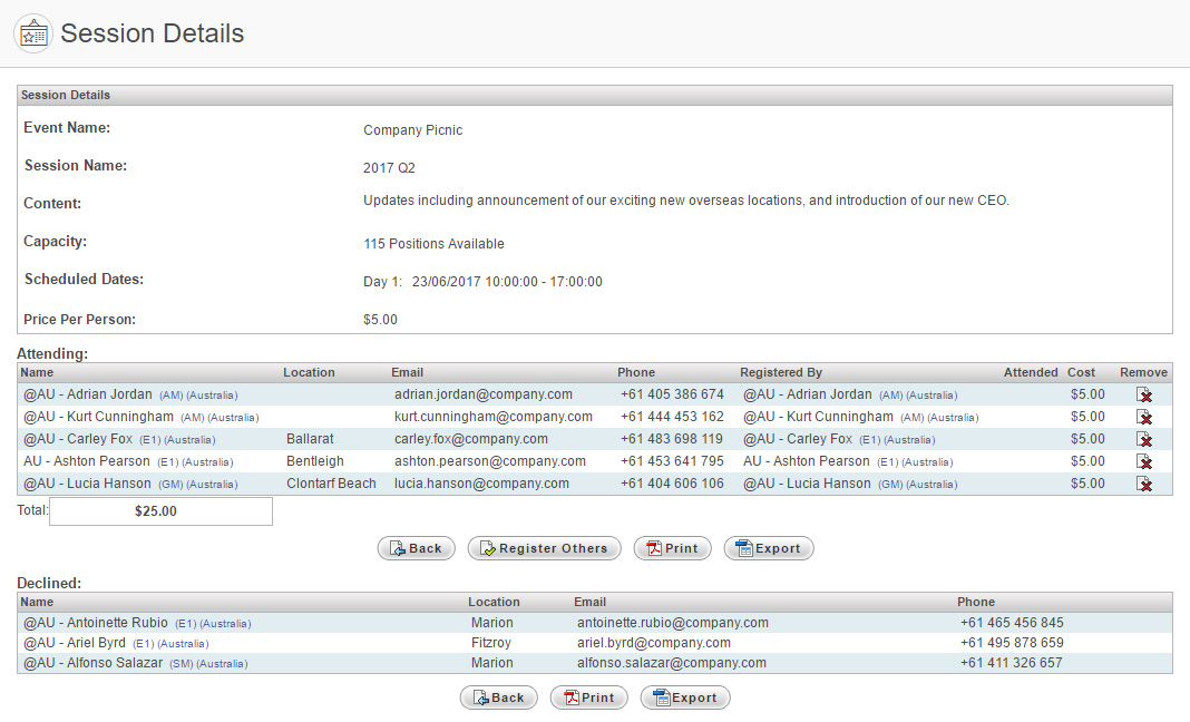 Session Details page