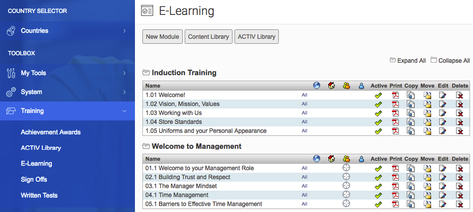 E-Learning - Showing Modules, Content Library and ACTIV Library