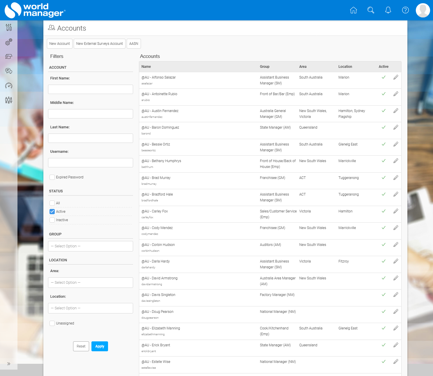 Example view of the Accounts tool for National Managers