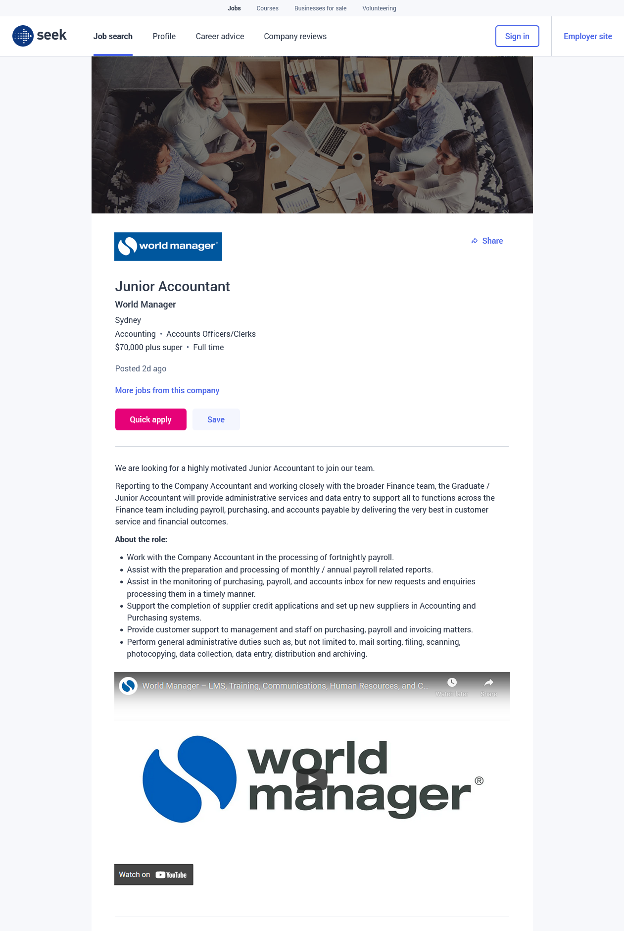 Preview of job ad on Seek