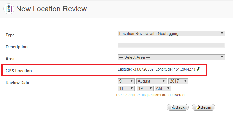 Example of recorded location (latitude + longitude) during the new Location Review process