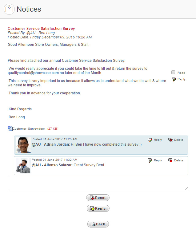Individual notice, with text area for replying underneath