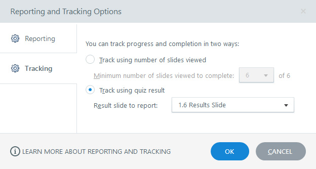 Completion determined by quiz result