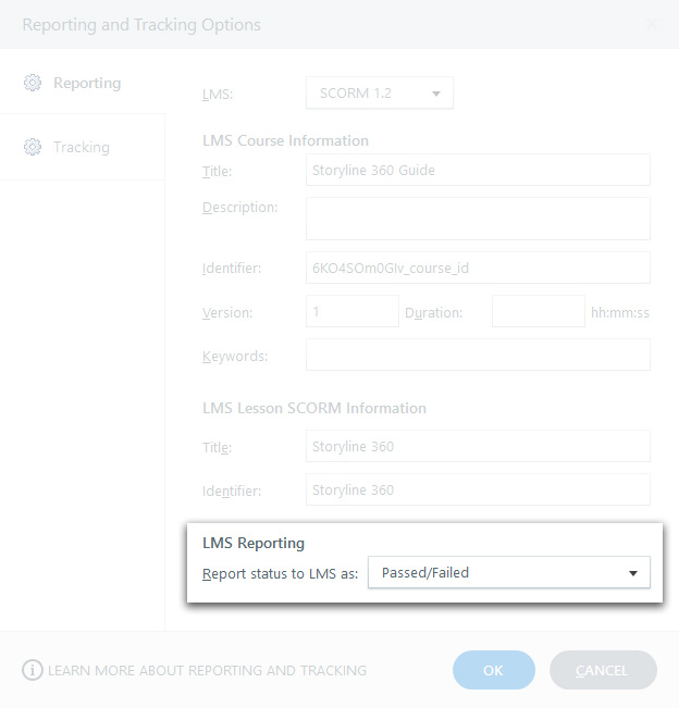 LMS Reporting set to Passed/Failed