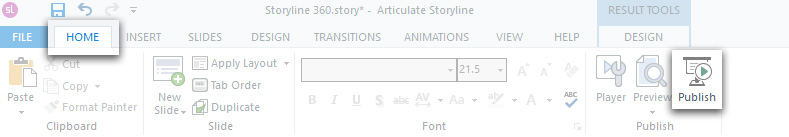 Publish button in the Home group of buttons