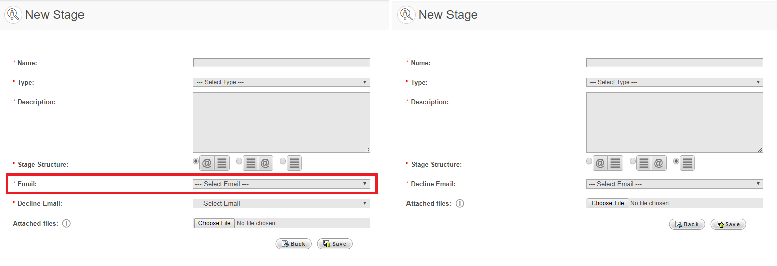 Example of New Stage form (with and without email)