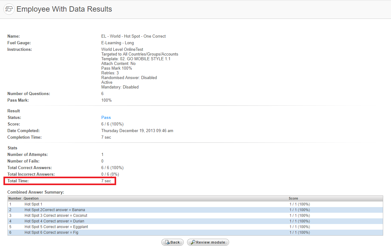 Example of module results showing the 