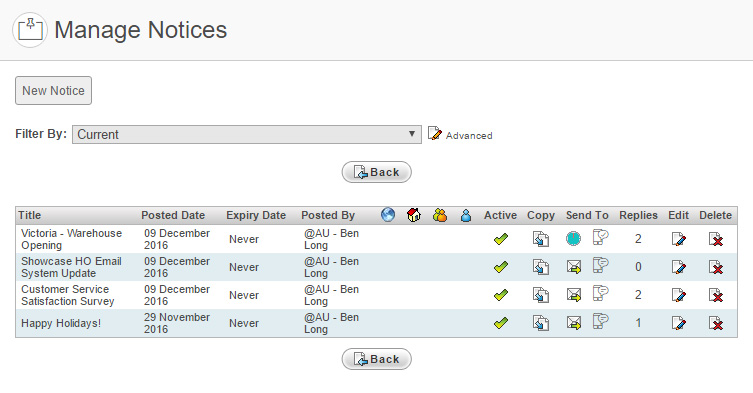 Example Manage Notices page