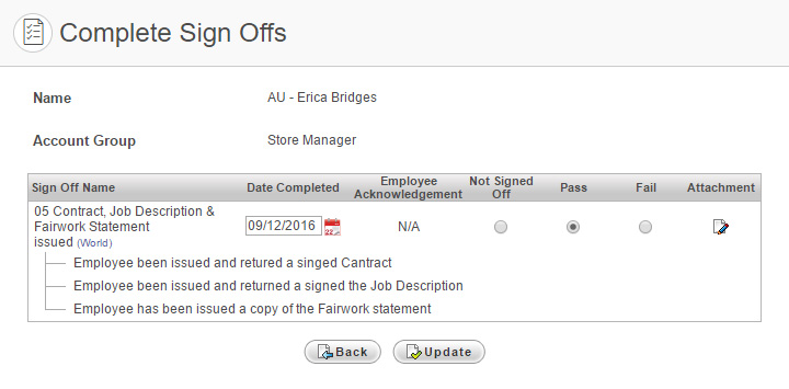Sign Off update page