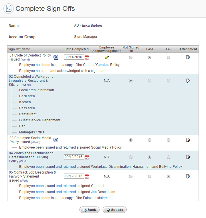 Bulk Signoff page in Complete By Individual mode