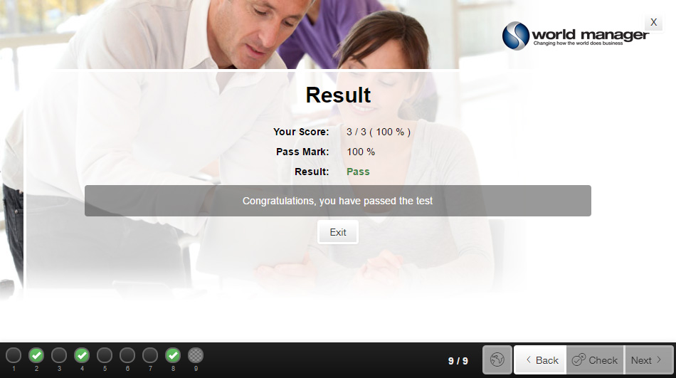 Results page, showing that the user has passed