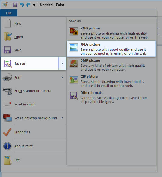Choosing file type in Paint