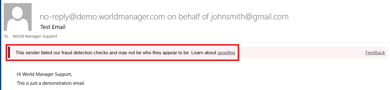 Example of email received as potential spam (Microsoft Outlook)