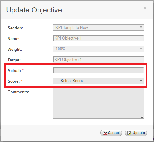 Enter an Actual and Score for KPI Objective