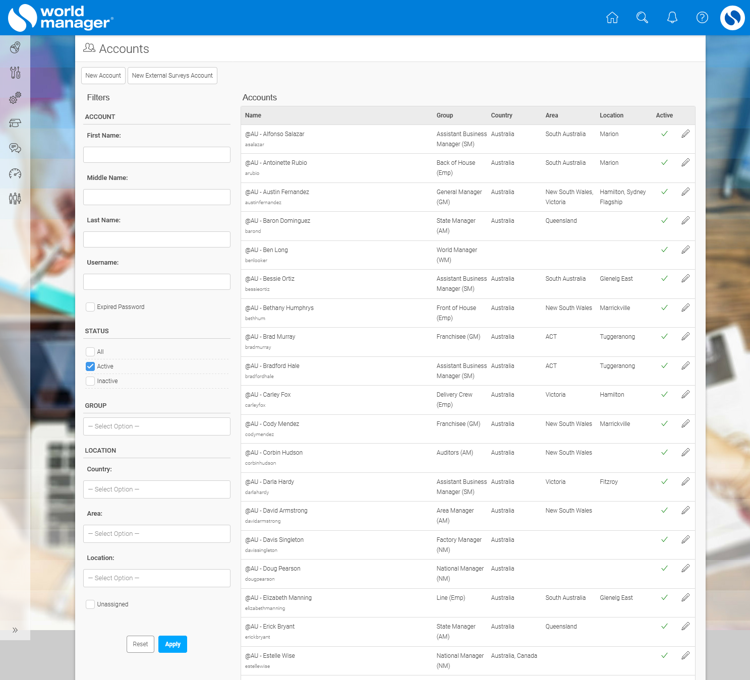 Example view of the Accounts tool for World Managers