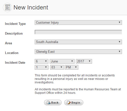 Example of a New Incident page