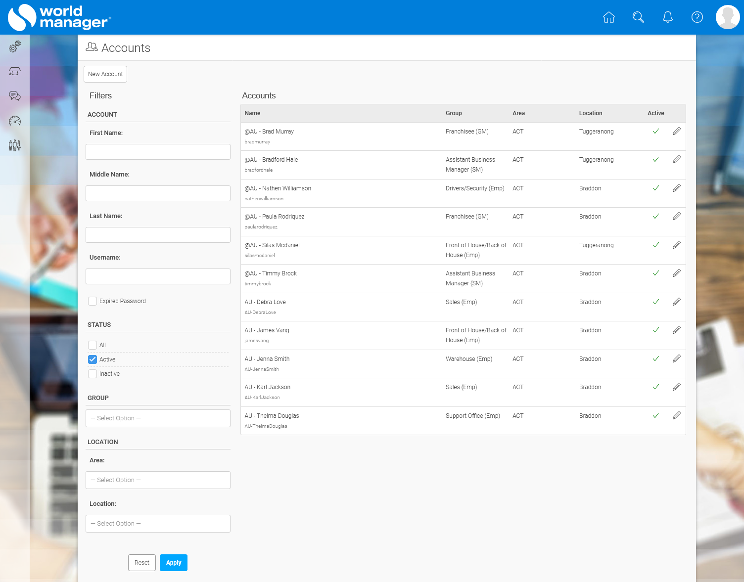 Example view of the Accounts tool for Area Managers