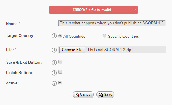 Error message when the uploaded file is not compliant with SCORM 1.2